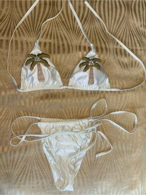 Satin White Palm Tree Beaded Bikini Swimsuit - XS